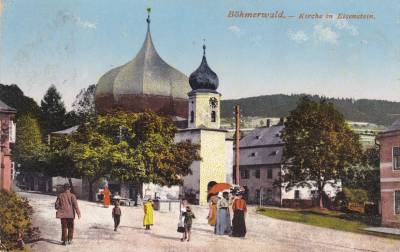 Železná Ruda – kostel na pohlednici z r. 1910